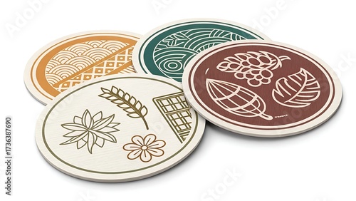 Set of many different drink coasters cut out isolated on white with shadow. AI GENERATED.