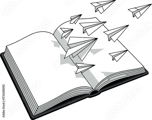 Open Book with Paper Airplanes Taking Flight: Imagination and Storytelling.