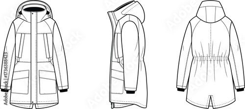 Hooded parka jacket, technical fashion illustration, front side back view, garment design, apparel template, outerwear drawing, clothing sketch, winter coat design