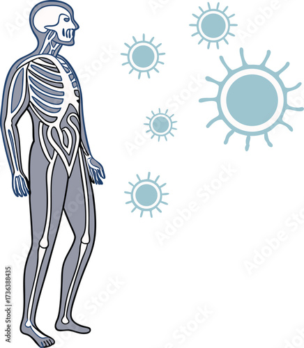 Anatomical human figure with virus particles symbolizing illness, disease, and health concerns originally designed as scalable vector graphic