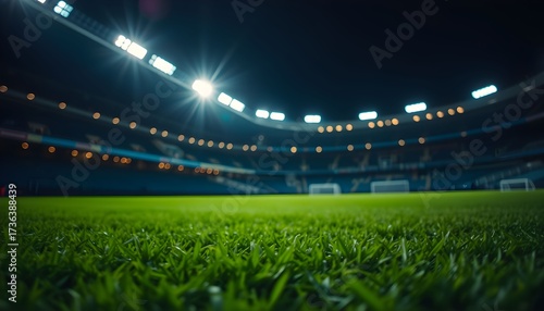 Low-angle shot of a vibrant green soccer field in a stadium at night with bright lights.