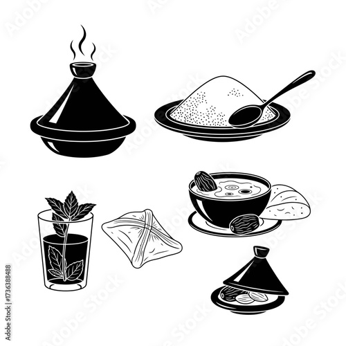 Collection of traditional Moroccan food and drink illustrations