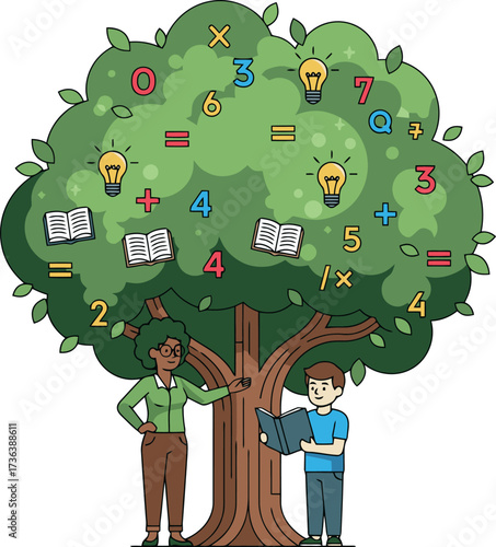 Teacher and student learning under a knowledge tree with math symbols and books.
