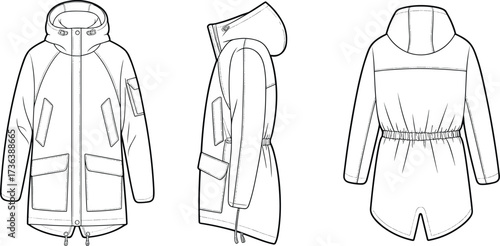 Hooded parka jacket, technical flat sketch, front side back view, fashion design template, apparel illustration, garment drawing, outerwear clothing, winter coat design