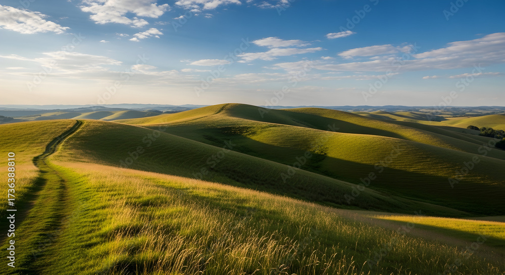 Fototapeta premium Rolling green hills under a blue sky