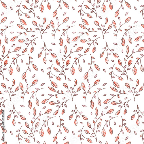 Silhouettes of identical leaves seamless pattern. Vector hand drawn illustration in simple scandinavian doodle cartoon style
