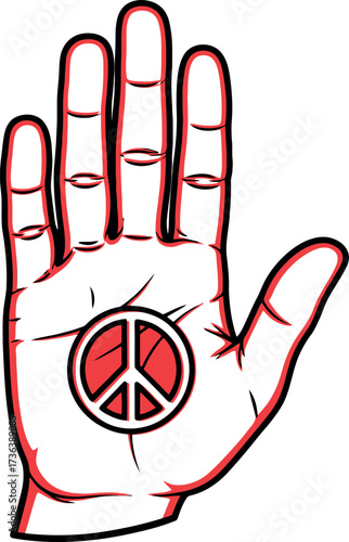 Illustrated open hand with a red peace symbol on the palm.