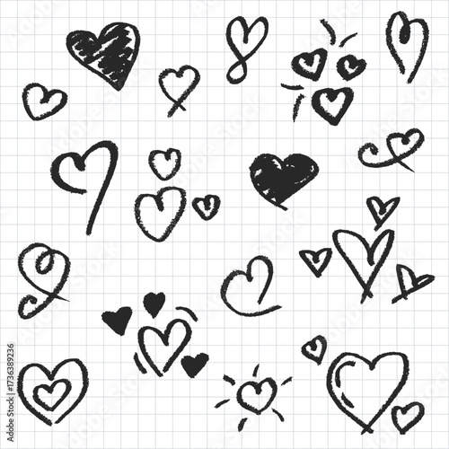 Set of black hearts in different pose. Collection of heart illustration with different style .Vector symbol icon set.