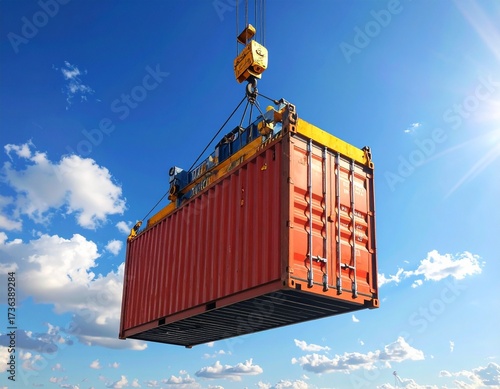 Red Shipping Container Lifted by Crane Against Blue Sky