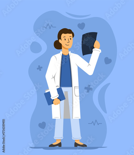 Medical worker - doctors, physicians, paramedics, nurses, standing with a brain scan and a folder. Vector illustration in flat cartoon style.