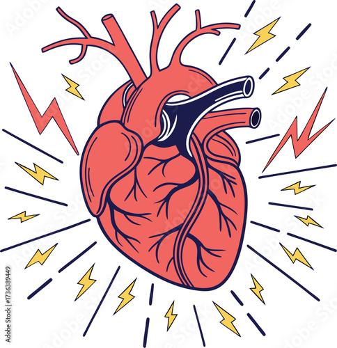 Dynamic anatomical heart design with electric energy, perfect for medical education or health awareness campaigns, originally a scalable vector graphic