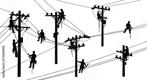 Silhouette, utility workers, electrical linemen, power line maintenance, safety harness, teamwork, electricity infrastructure, black and white, dangerous job, energy industry
