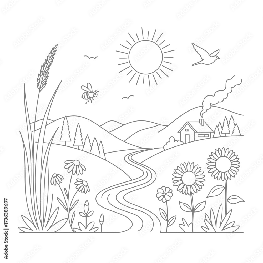 Naklejka premium Peaceful countryside scene with winding road, blooming flowers, and a cozy cottage under a bright sun.