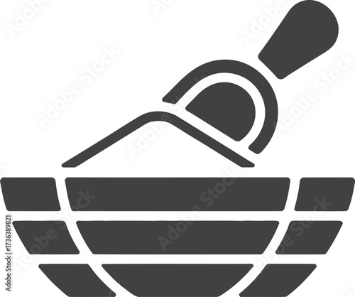 Simple icon of a wooden bucket filled with powder and a scoop