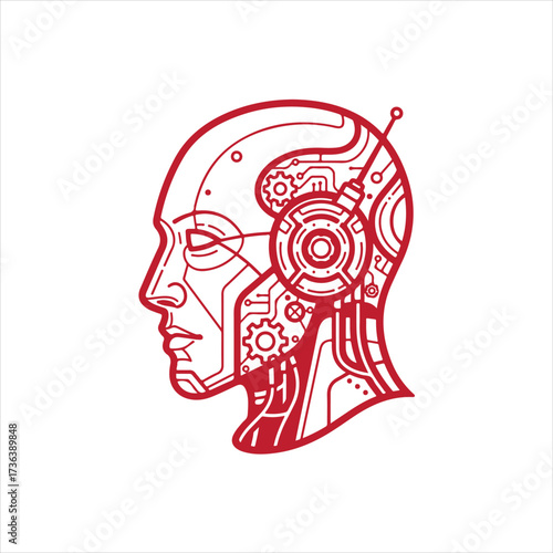 Futuristic red vector illustration of a robotic head in profile, revealing complex internal gears and circuits, a concept for artificial intelligence and cybernetics
