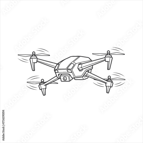 Vector line art illustration of a flying quadcopter drone with a camera. Modern unmanned aerial vehicle icon for technology and aerial photography concepts, isolated drawing