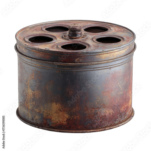 Rusty metal canister with circular lid and holes