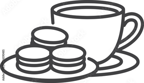 Hand drawn illustration of coffee cup and macarons on a saucer