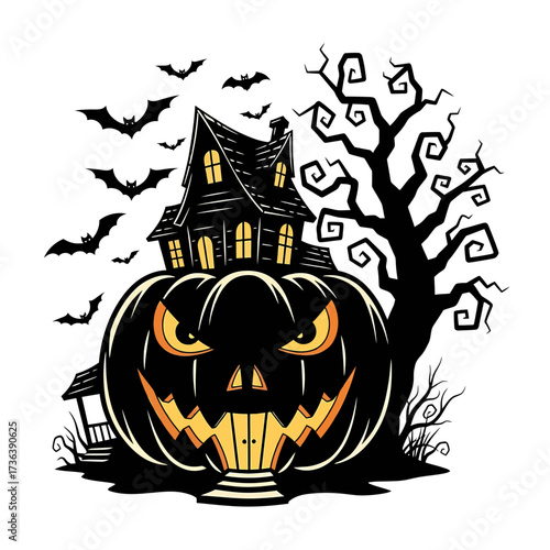 Spooky haunted house perched atop a giant, grinning jack-o'-lantern under a sky filled with flying bats.