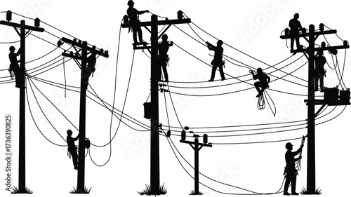 Utility workers silhouette, power line maintenance, electrical infrastructure teamwork, safety harness, 