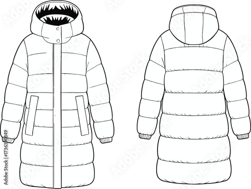 Long padded winter coat, hooded outerwear flat sketch, front and back view, quilted jacket design, fashion template, apparel illustration, garment drawing