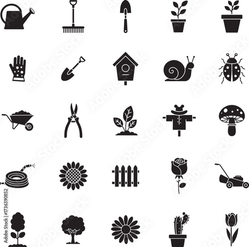 Botanical Plant and Garden Icons in Silhouette Style