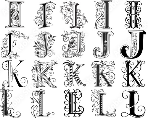 Decorative variants of writing capital letters "I", "J", "K" and "L" in an ornamental style are examples of calligraphic art.
