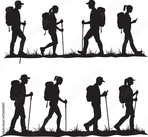 Silhouettes of hikers with backpacks and trekking poles walking