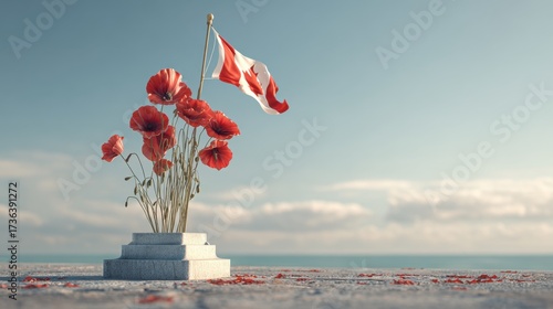 Remembrance day tribute with canadian flag and poppies on a peaceful beach
