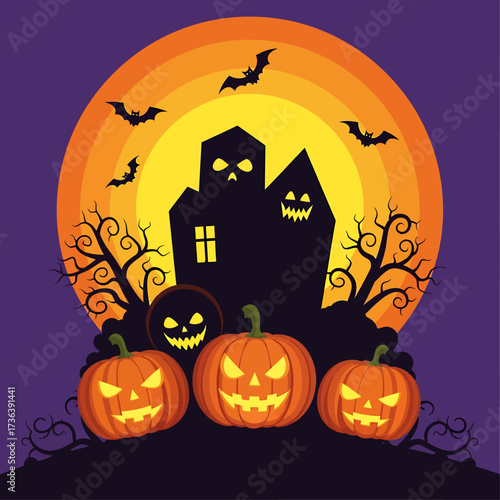Spooky Halloween night with jack-o'-lanterns, haunted house, and bats under a full moon.