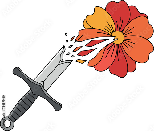 Broken Sword Transforming into a Vibrant Flower Symbolizing Change.