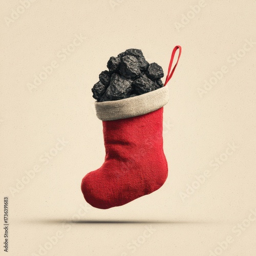 Bright red stocking filled with coal hanging in a minimalist festive setting during the holiday season