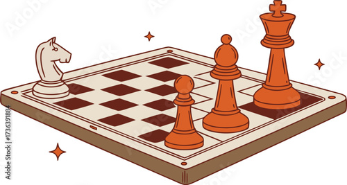 Strategic Chess Board Illustration with King, Bishop, Knight, and Pawn Pieces