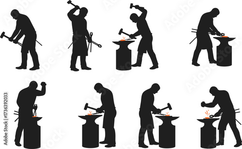 Blacksmith silhouette working at anvil, hammer striking hot metal with sparks, traditional forging process, skilled craftsman, industrial labor illustration