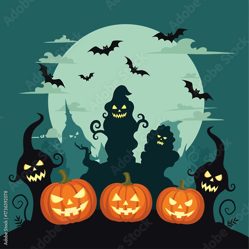Spooky Halloween night with grinning pumpkins and flying bats under a full moon