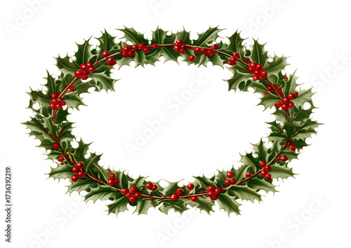Joyful oval holly wreath frames dark space, adorned with vibrant red berries and glossy green leaves. Ideal for festive celebrations and holiday decorations, exuding traditional charm