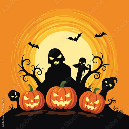 Spooky Halloween scene with grinning pumpkins and silhouetted ghosts under a full moon