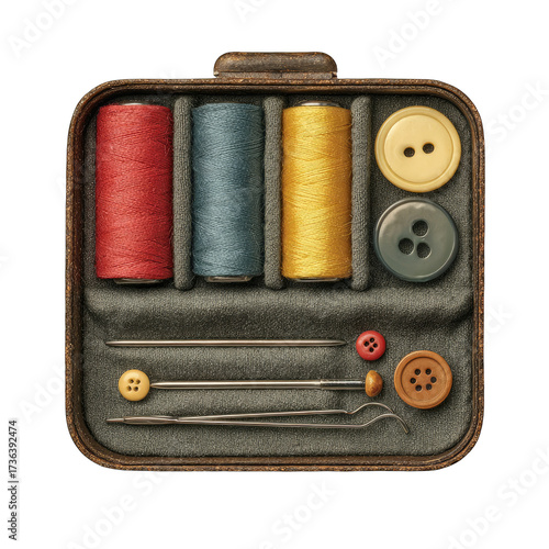A square, leather-like sewing kit.  Inside, spools of red, blue, and yellow thread; small buttons; and needles