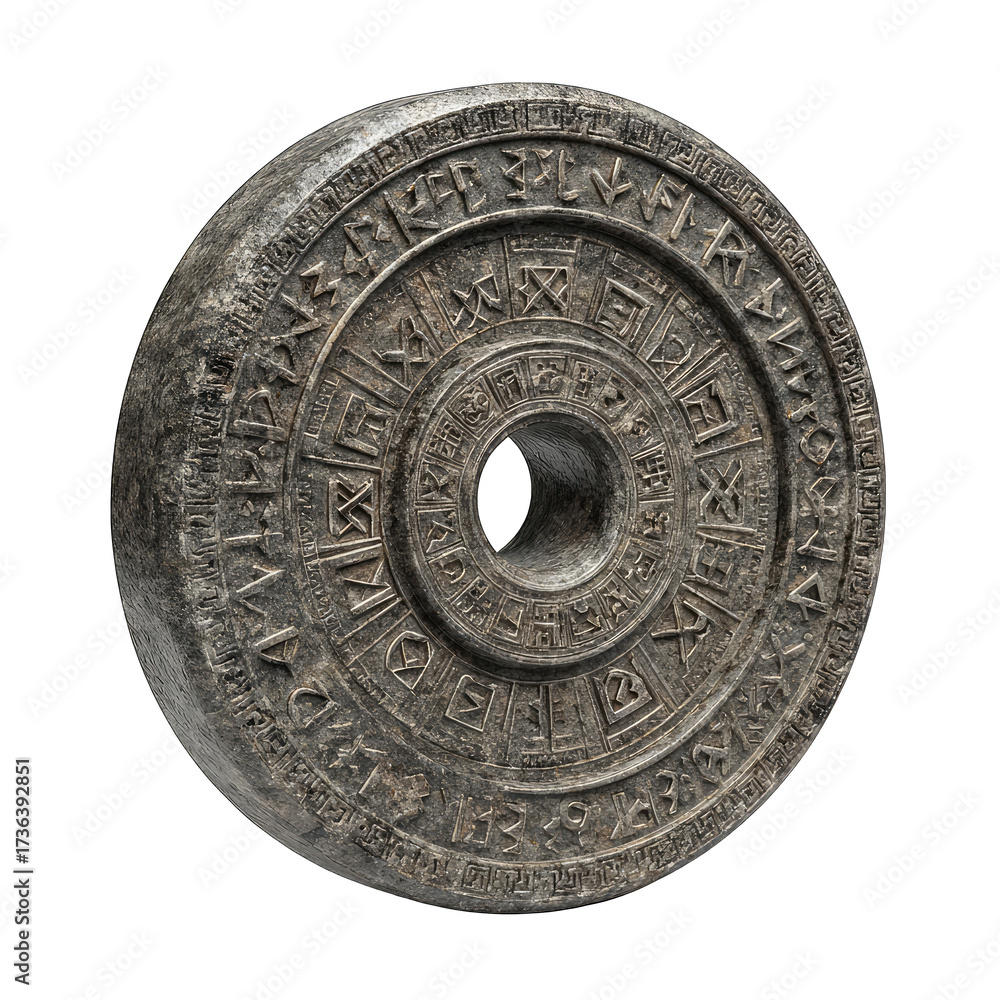 Naklejka premium Dark, circular stone disc with carved symbols