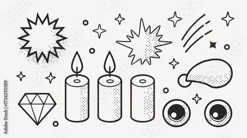 Whimsical hand-drawn doodle element collection with stars, candles, diamond, and eyes for charming festive designs and holiday cheer