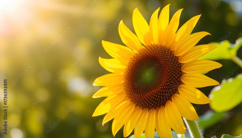 Fototapeta premium A vibrant yellow sunflower in full bloom, illuminated by the bright morning sun against a soft-focus green background.
