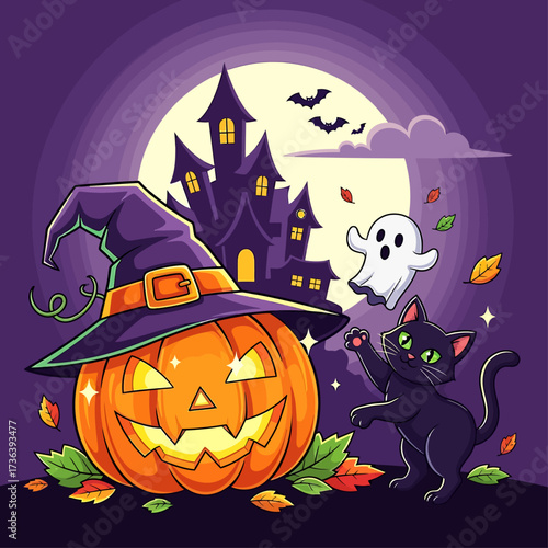 Whimsical Halloween scene with a jack-o'-lantern, playful black cat, and friendly ghost under a full moon.