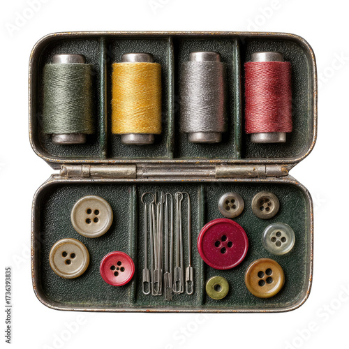 Vintage sewing kit with colorful threads and buttons