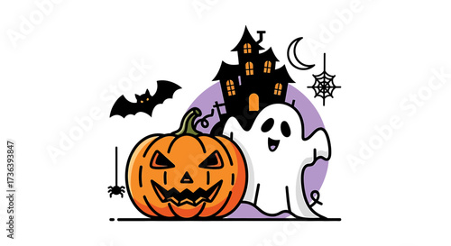 Spooky Halloween scene with a grinning pumpkin, friendly ghost, haunted house, and bat