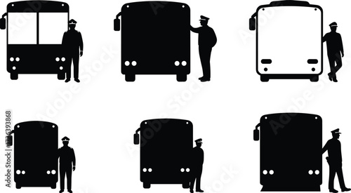 Bus, driver, silhouette, black, white, transport, vehicle, uniform, professional, public, transportation, commuter, travel, service, illustration, design, icon, safety, occupation, urban