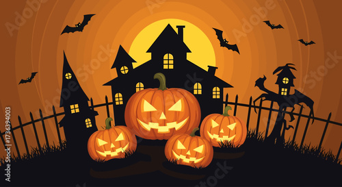 Spooky Halloween scene with carved pumpkins and haunted house under a full moon