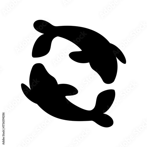 Two dolphins chasing each other in a circular motion silhouette style