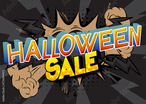 Modern creative pop art vibrant comic book style Halloween Sale text. Cartoon design.