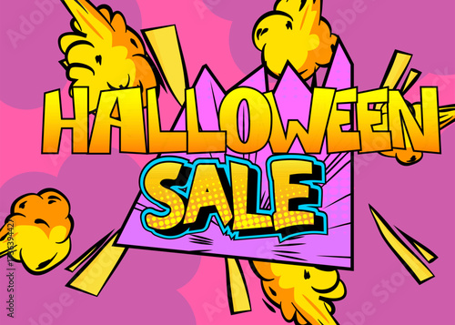 Modern creative pop art vibrant comic book style Halloween Sale text. Cartoon design.