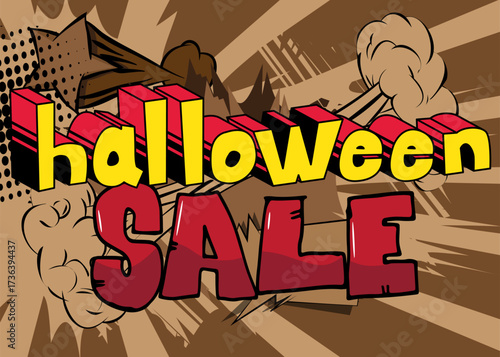 Modern creative pop art vibrant comic book style Halloween Sale text. Cartoon design.